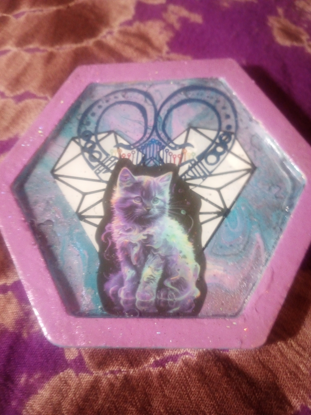 One Of A Kind Purple Wooden Cat Decorative Coaster Art